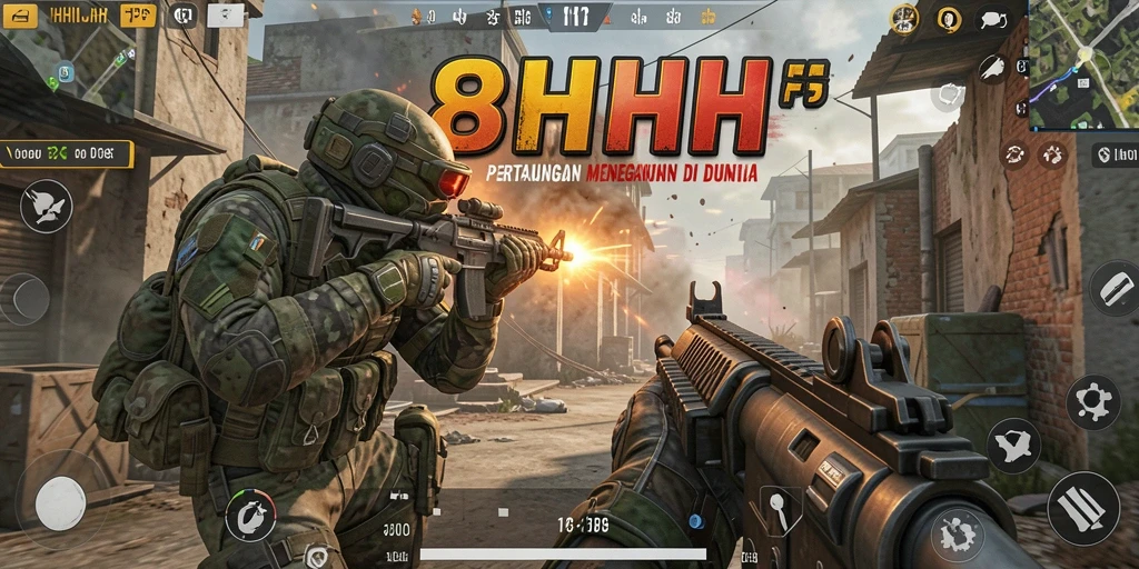 Tampilan gameplay epik dalam 8HHH dengan aksi tembak-menembak intens.