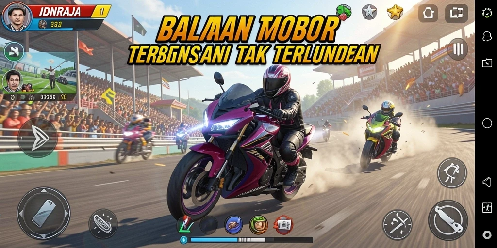 Tampilan gameplay seru dari IDNRAJA saat balapan motor.