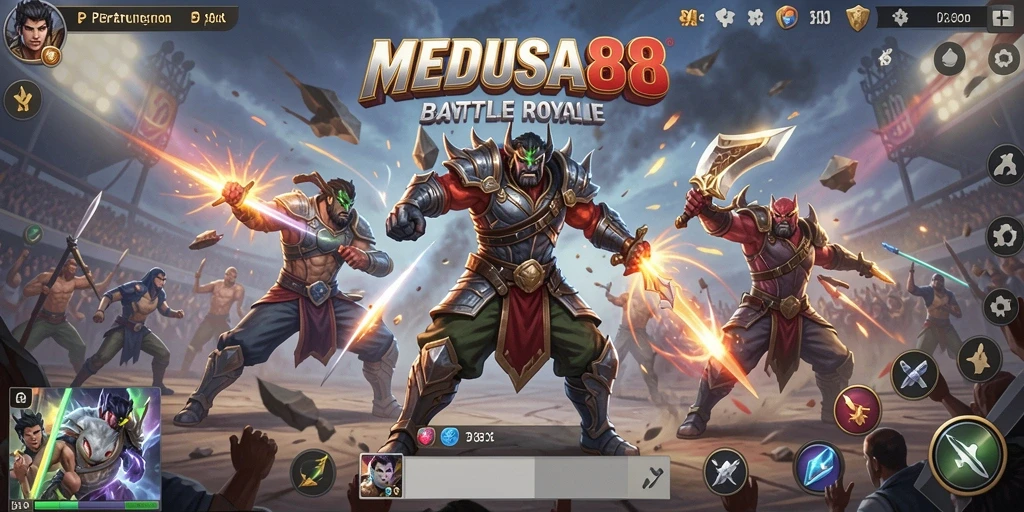 Tampilan aksi seru dalam gameplay Battle Royale MEDUSA88.