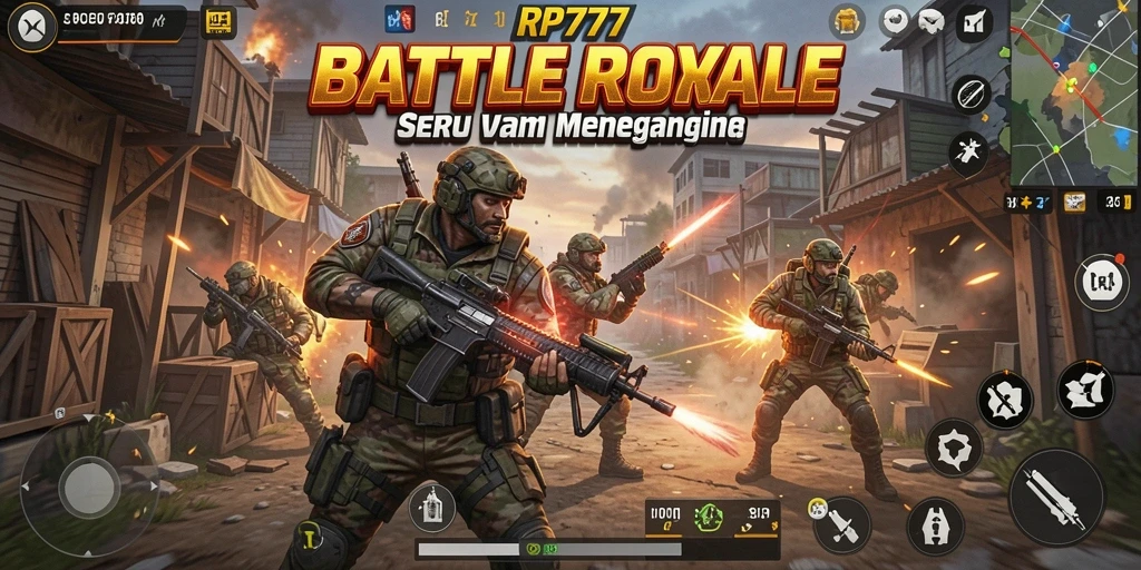 Gameplay seru RP777 dengan pertempuran menegangkan di arena Battle Royale.